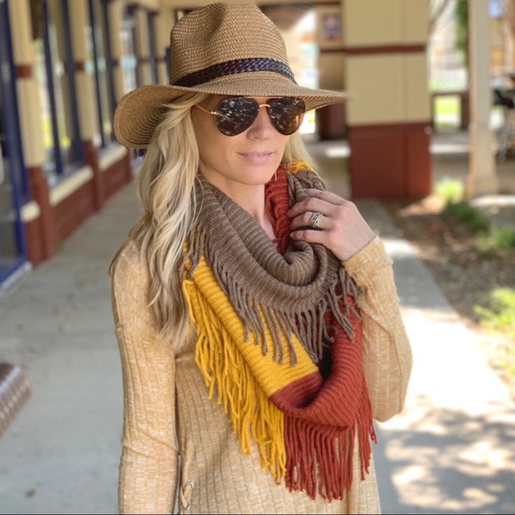 Yellow, rust, brown infinity fringe scarf - Picture 5 of 7